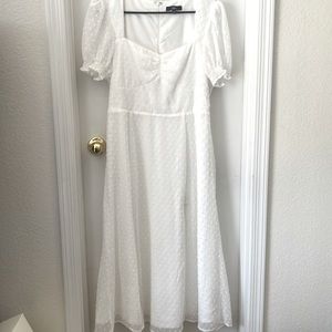 Lulus White Swiss Dot, Puff Sleeve, A-Line, Midi Dress